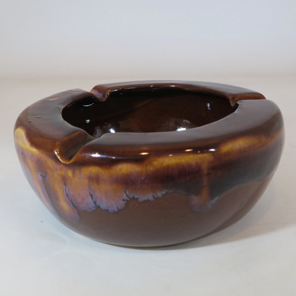 NEVCO Vintage Brown Drip Glazed Round Ceramic Ashtray Made in Taiwan